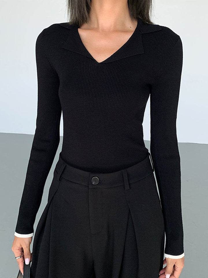 Mya Slinky V-neck Collar Ribbed Knit Top