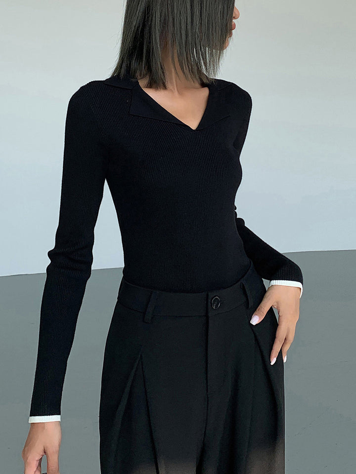 Mya Slinky V-neck Collar Ribbed Knit Top