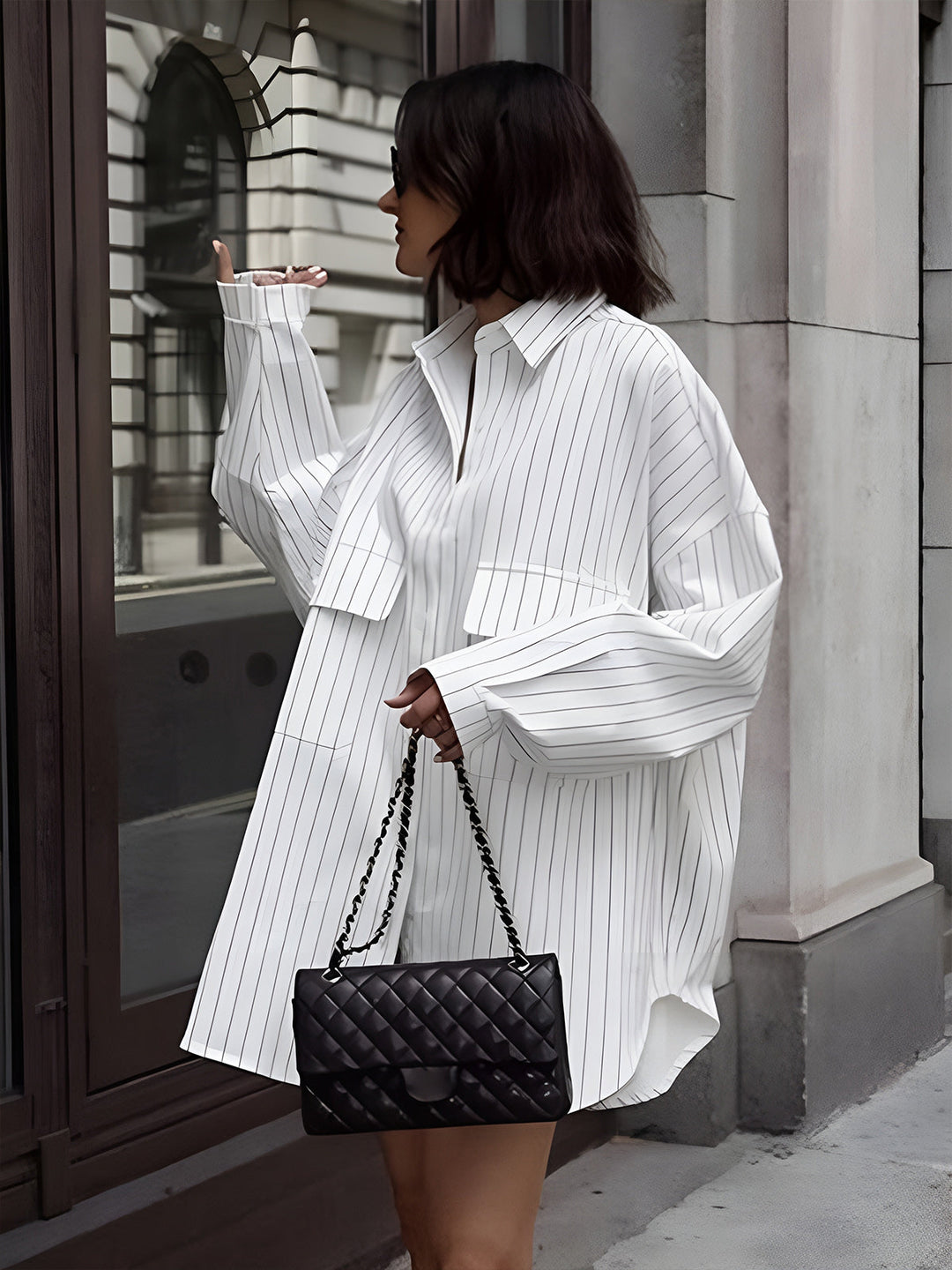 Monteclo - Selena Striped Large Pockets Long Sleeve Shirt