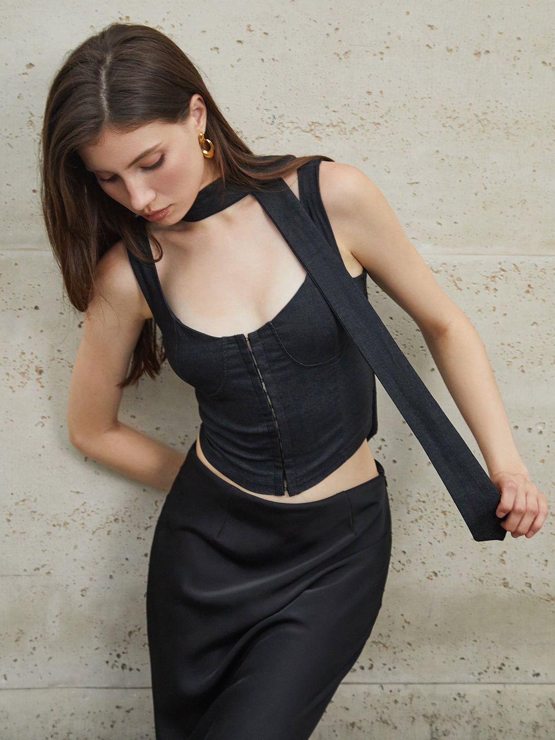 Carmen Solid Button Cami Top With Scarf