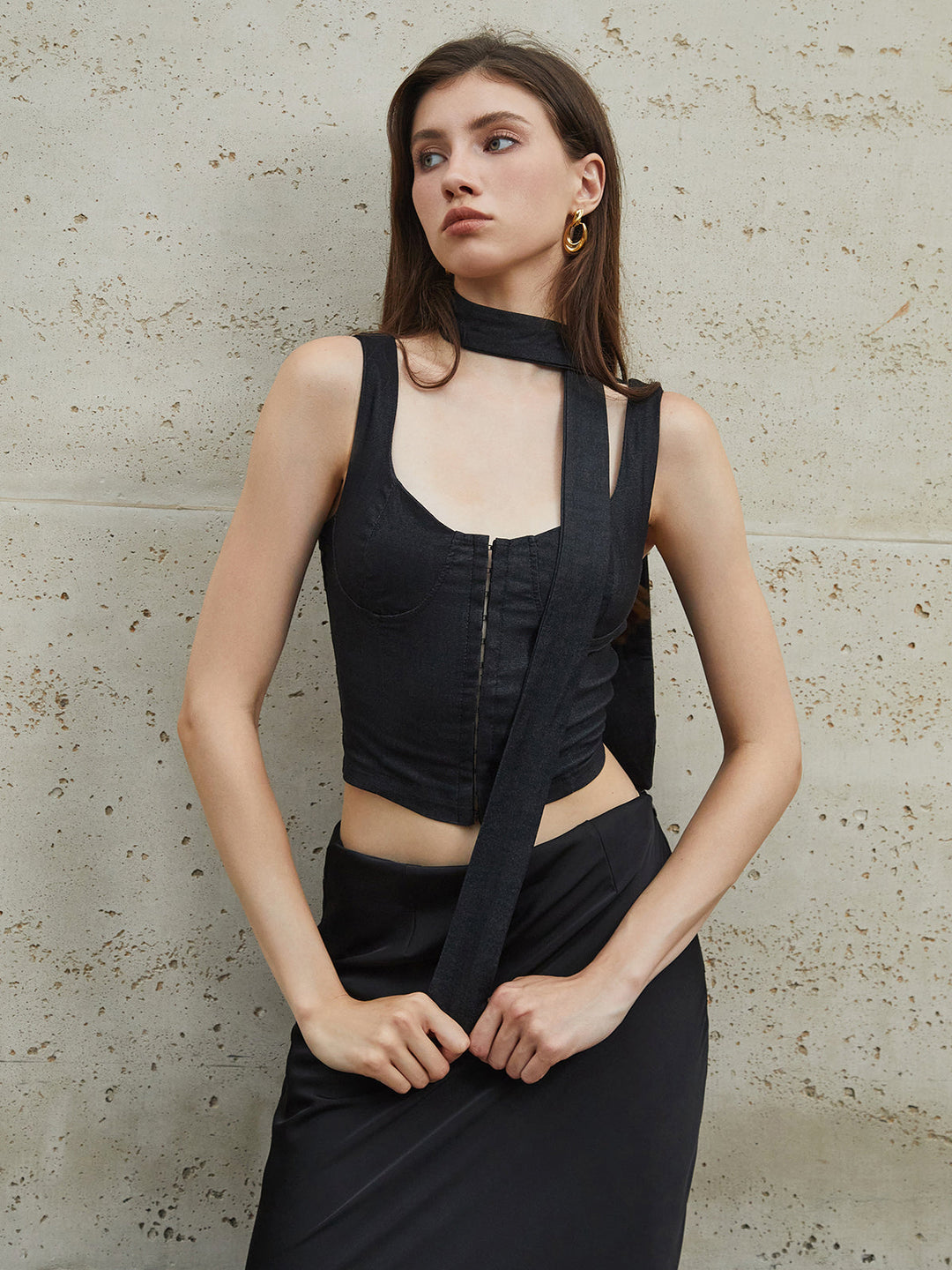 Carmen Solid Button Cami Top With Scarf