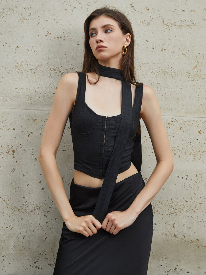 Carmen Solid Button Cami Top With Scarf