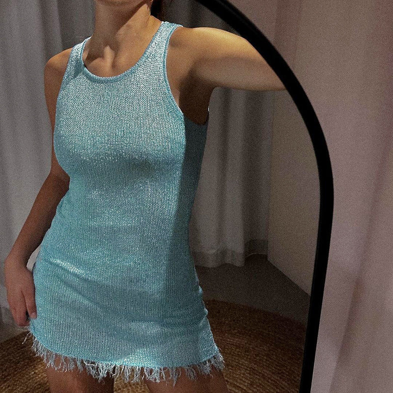 Women's Sparkly Knit Mini Dress with Sleeveless Cut and Fringe Hem