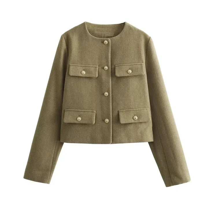 Women's Cropped Bomber Jacket with Round Neck and Long Sleeves