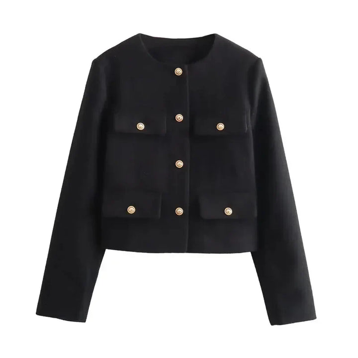 Women's Cropped Bomber Jacket with Round Neck and Long Sleeves