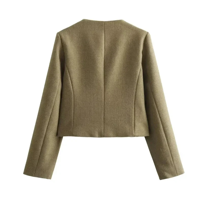 Women's Cropped Bomber Jacket with Round Neck and Long Sleeves