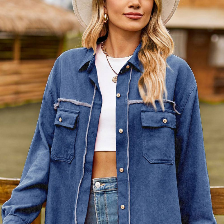 Danie - New Denim Raw Edge Washed Tassel Top Casual Shirt - Dark Blue