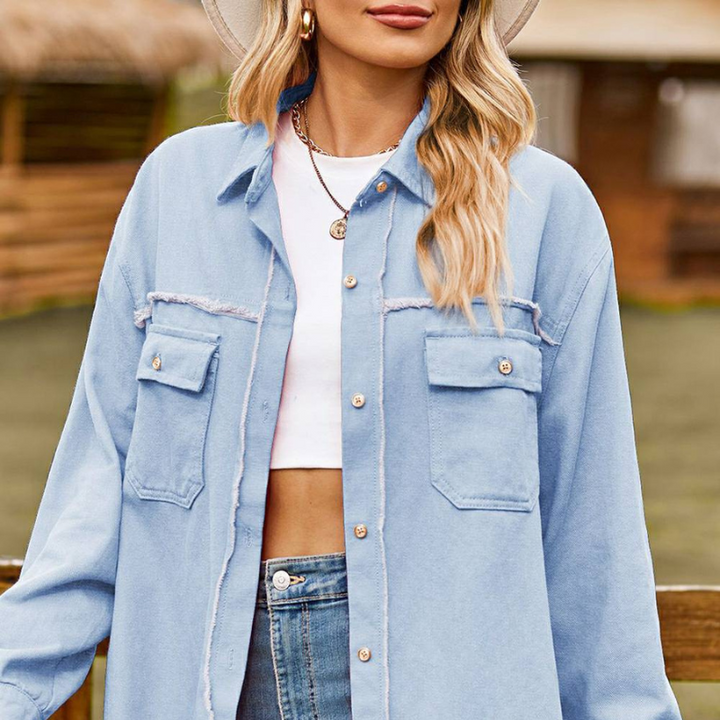 Manee - New Denim Raw Edge Washed Tassel Top Casual Shirt - Clear blue